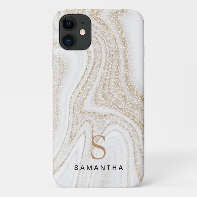 Modern chic white marble gold glitter monogram Case-Mate iPhone case (Back)