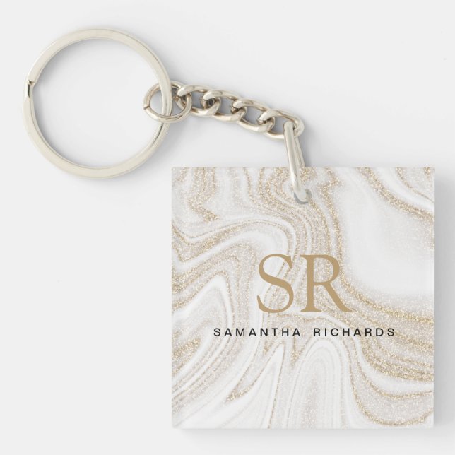 Modern chic white marble gold glitter monogram key ring (Front)