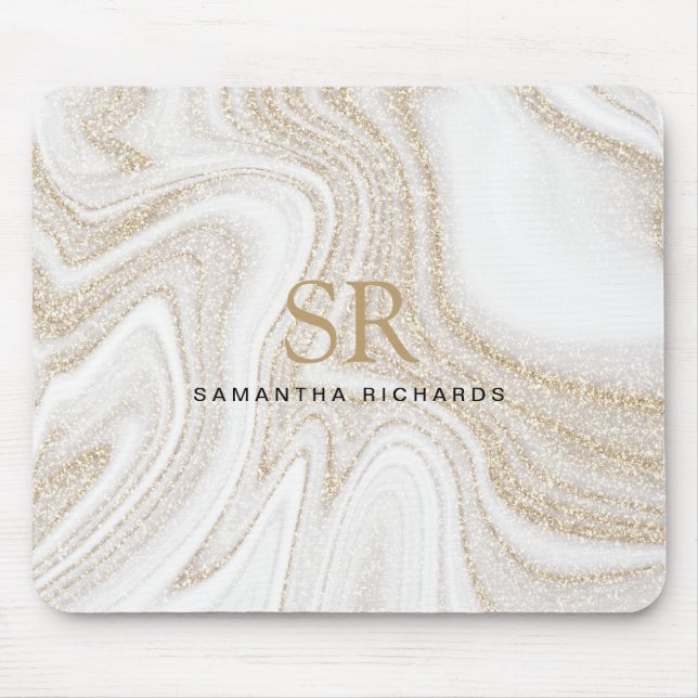 Modern chic white marble gold glitter monogram mouse mat (Front)