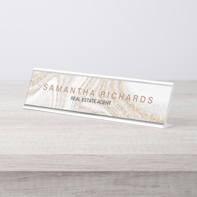 Modern chic white marble gold glitter name desk name plate (Front)
