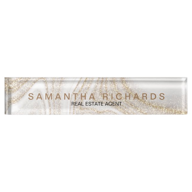 Modern chic white marble gold glitter nameplate (Front)