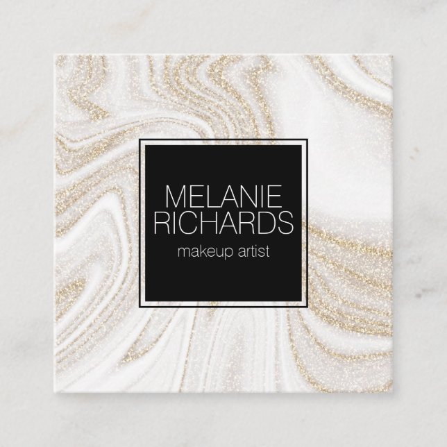 Modern chic white marble gold glitter square business card (Front)