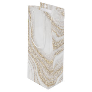 Modern chic white marble gold glitter wine gift bag