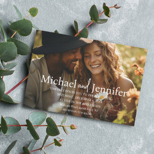 modern chic white typography wedding photo invitation