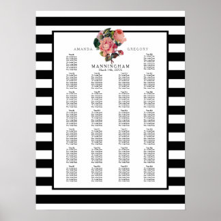 MODERN Chic Wide Stripes w Roses Wedding Seating Poster