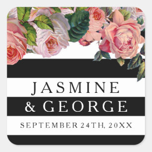 MODERN Chic Wide Stripes w Vintage Roses Floral Square Sticker