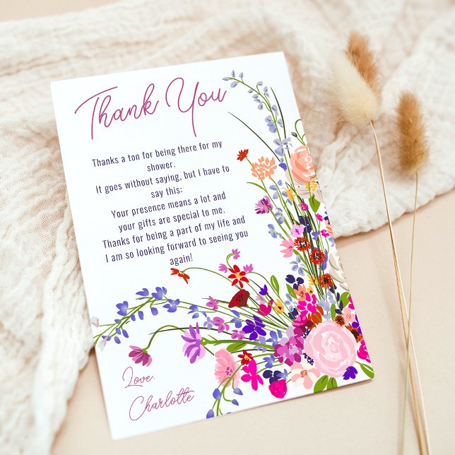 Modern chic wild flowers script bridal shower thank you card (Modern chic wild flowers script bridal shower thank you card)