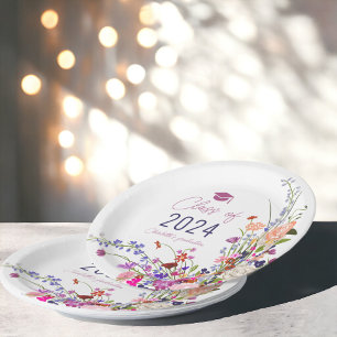 Modern chic wild flowers script class graduation  paper plate