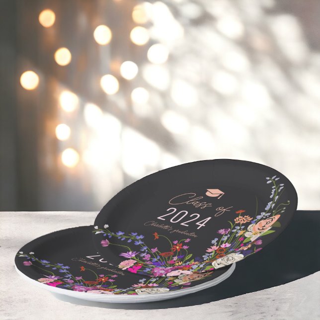 Modern chic wild flowers script class graduation  paper plate (Modern chic wild flowers script class graduation paper plates on dark)