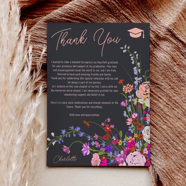 Modern chic wild flowers script dark graduation  thank you card (Modern chic wild flowers script dark graduation thank you card)