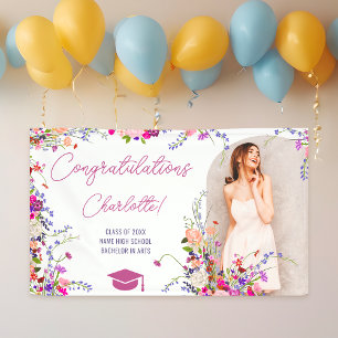 Modern chic wild flowers script photo graduation banner