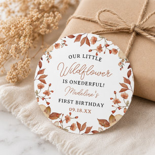  Modern Chic Wildflower Script 1st Birthday Girl  Classic Round Sticker
