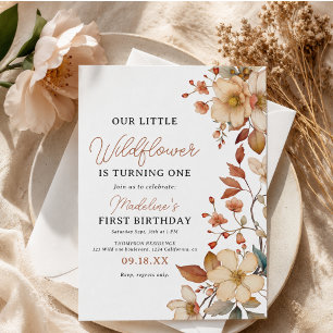 Modern Chic Wildflower Script 1st Birthday Girl Invitation
