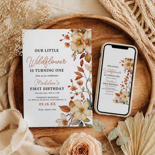  Modern Chic Wildflower Script 1st Birthday Girl  Invitation (Modern Chic Wildflower Script 1st Birthday Girl Invitation)