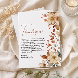  Modern Chic Wildflower Script 1st Birthday Girl  Thank You Card