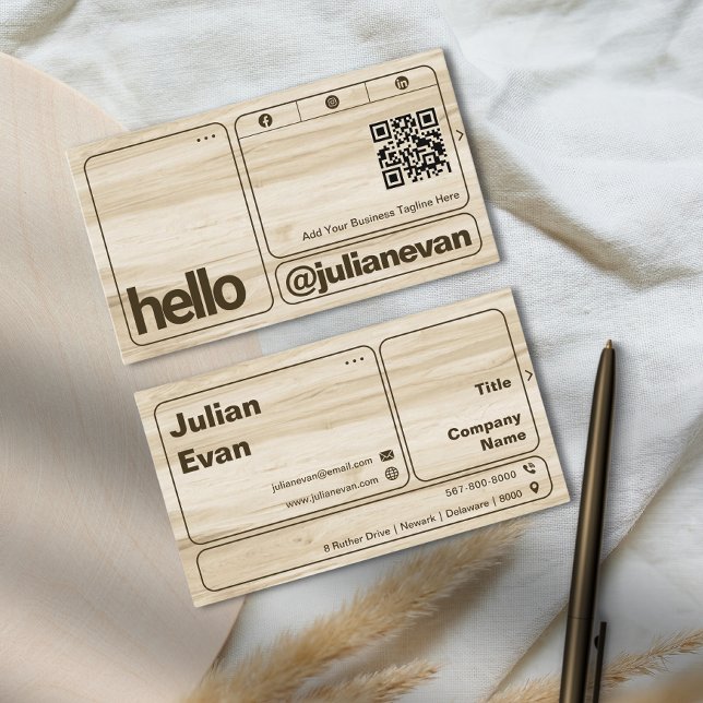 Modern Chic Wooden Grain Bold Typography Hello Business Card (Modern Chic Wooden Grain Bold Typography Hello Business Card)
