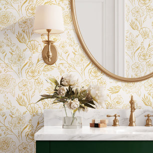 Modern Chic Yellow Line Art Floral Foliage Pattern Wallpaper