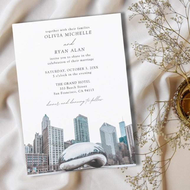 Modern Chicago Wedding Skyline Black & White Invitation (Modern Chicago Wedding Skyline Black & White Invitation
)