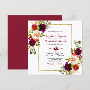 Modern Chich Burgundy Floral Gold Frame Wedding Invitation