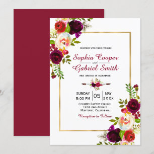 Modern Chich Burgundy Floral Gold Frame Wedding Invitation