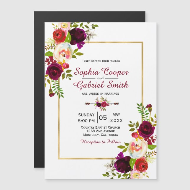 Modern Chich Burgundy Floral Gold Frame Wedding Magnetic Invitation (Front/Back)