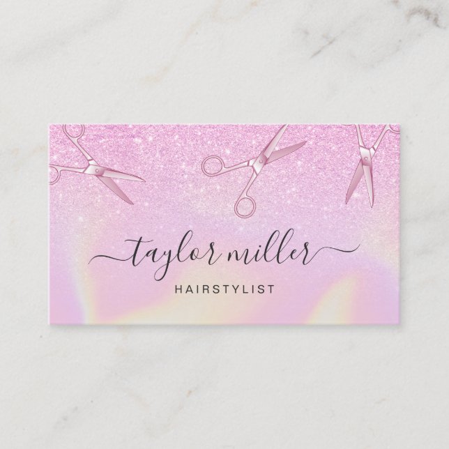 Modern chick ombre purple holographic hairstylist business card (Front)