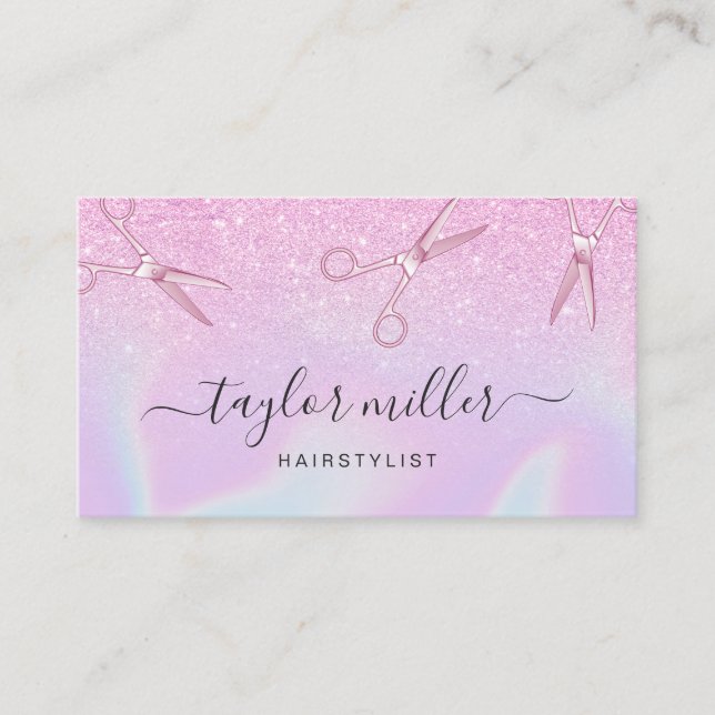 Modern chick ombre purple holographic hairstylist business card (Front)