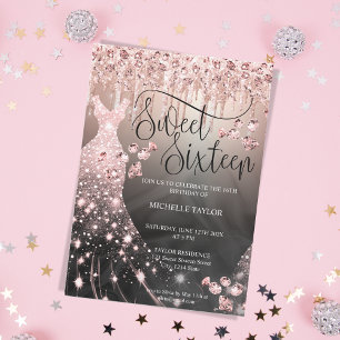 Modern Chick Rose Gold Glitter Sweet 16 Invitation