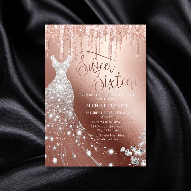 Modern Chick Rose Gold Glitter Sweet Sixteen Invitation (Creator Uploaded)