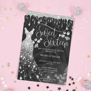Modern Chick Silver Glitter Sweet 16 Invitation