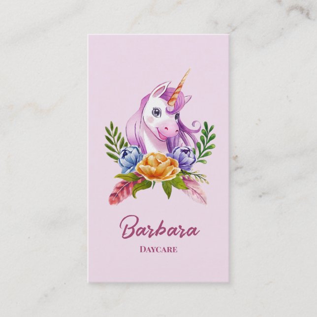 Modern Childcare Babysitter Daycare Floral Unicorn Business Card (Front)
