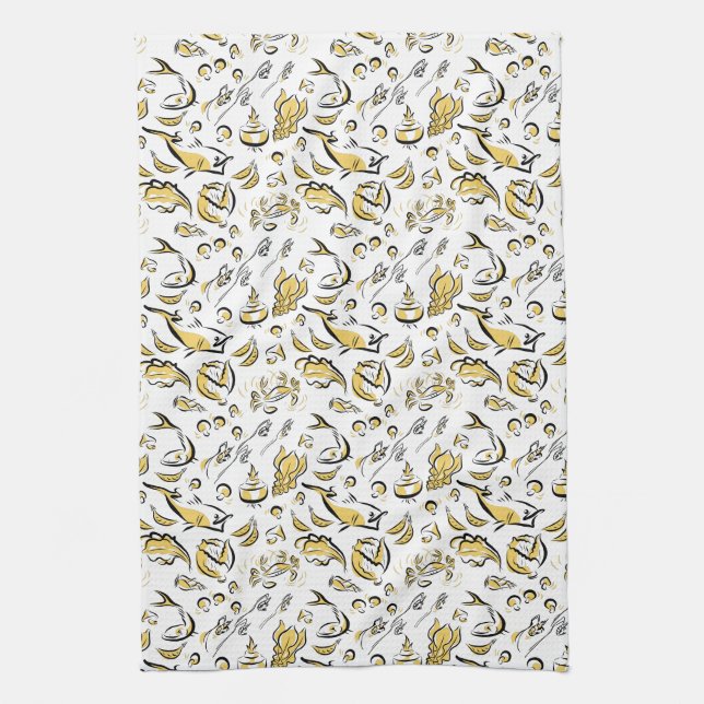 Modern Chinese Cuisine Ink Drawing Kitchen Towel (Vertical)