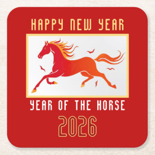 Modern Chinese Horse New Year 2026 Square Paper Coaster