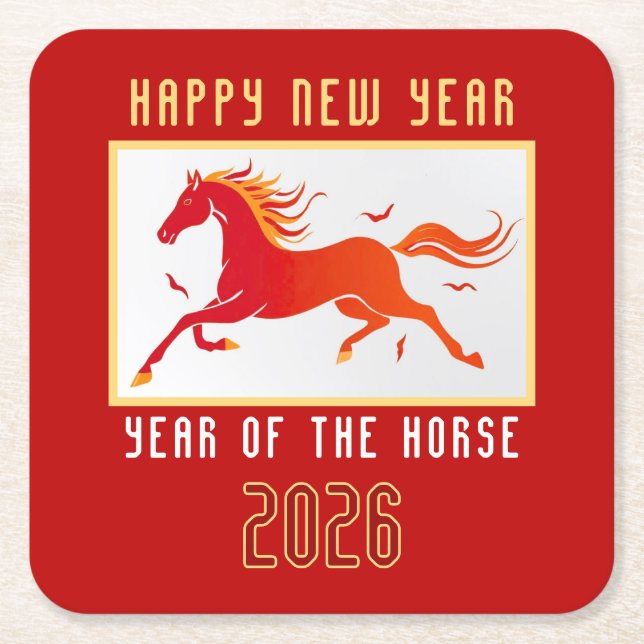 Modern Chinese Horse New Year 2026  Square Paper Coaster (Front)