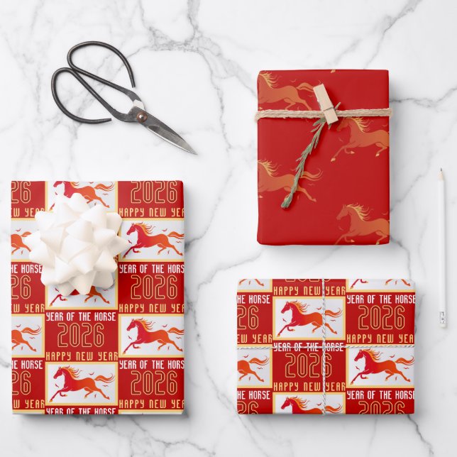 Modern Chinese Horse New Year 2026  Wrapping Paper Sheet (Front)