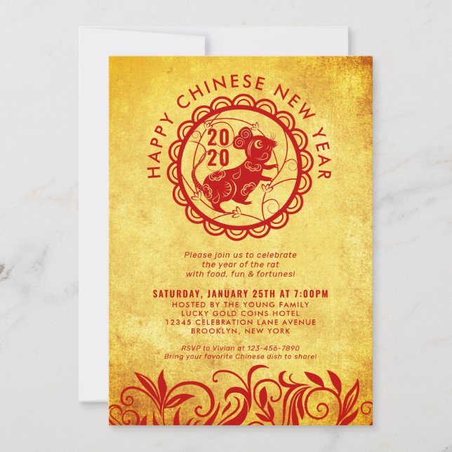 Modern Chinese New Year of the Rat 2020 Gold Party Invitation (Front)
