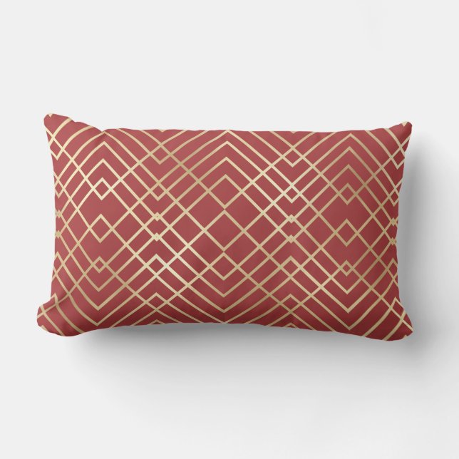Modern Chinese Red Art Deco Geometric Pattern Lumbar Cushion (Front)