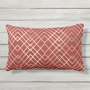 Modern Chinese Red Art Deco Geometric Pattern Lumbar Cushion