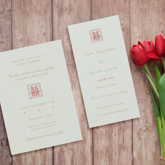 Modern Chinese Sage Olive Double Happiness Wedding Save The Date