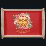 Modern Chinese wedding floral wreath red Serving Tray<br><div class="desc">Inspired by the meaning of prosperity in flower blossom, colourful watercolor flowers are used in the design to showcase the joy in Chinese wedding. With the addition of Chinese double happiness symbol, this design will definitely impress your guests in your wedding and tea ceremony. Celebrate your special day with the...</div>