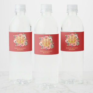 Modern Chinese wedding floral wreath red Water Bottle Label