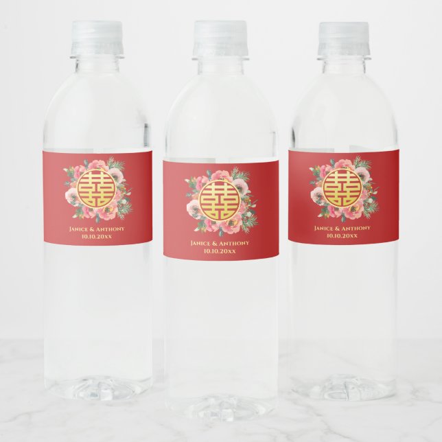Modern Chinese wedding floral wreath red Water Bottle Label (Bottles)