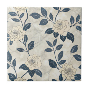 Modern Chinoiserie Ivory Rose Navy Botanical Tile