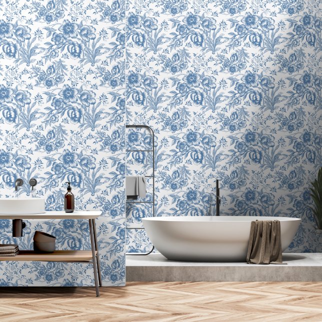Modern Chinoiseries blue and white floral Wallpaper (Bathroom)