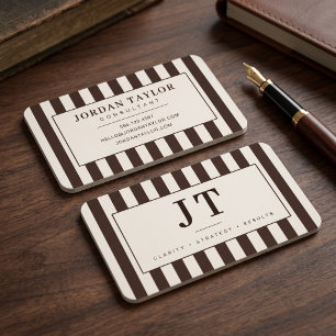Modern Chocolate Brown Striped Monogram Business Card
