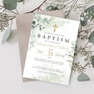Modern Christening Eucalyptus Greenery Baptism Invitation