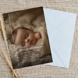 Modern Christening   Gender Neutral Photo Baptism Invitation