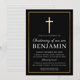 MODERN CHRISTENING gold cross simple black white Invitation