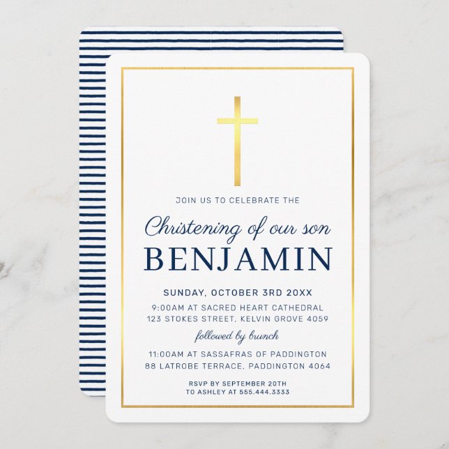 MODERN CHRISTENING gold cross simple navy white In Invitation (Front/Back)