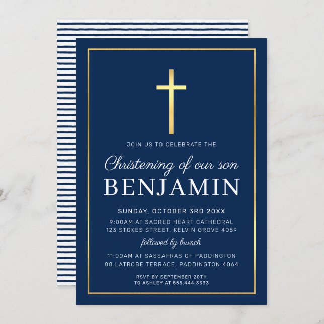 MODERN CHRISTENING gold cross simple navy white In Invitation (Front/Back)